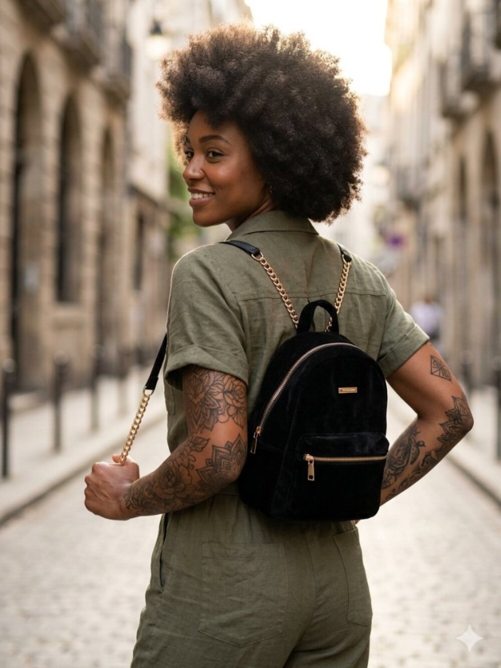 ALDO Black Velvet Mini Backpack W/ Woven Gold Chain Straps